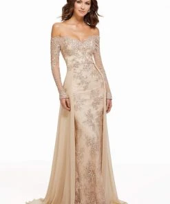 MGNY By Mori Lee - 72033 Embroidered Long Sleeve Off-Shoulder Dress