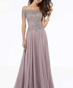 MGNY By Mori Lee - 72133 Off Shoulder Lace Appliqued Chiffon Dress