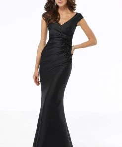 MGNY By Mori Lee - 72135 Pleated Bodice Floral Appliqued Satin Gown