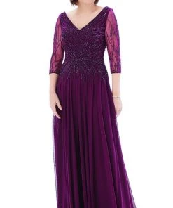 MGNY By Mori Lee - 72202 Sheer Quarter Sleeve Beaded Mesh A-Line Gown