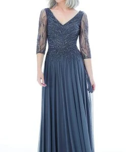 MGNY By Mori Lee - 72202 Sheer Quarter Sleeve Beaded Mesh A-Line Gown