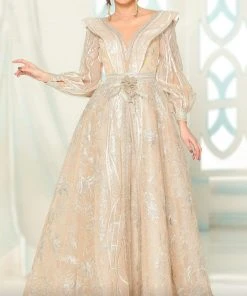 MNM COUTURE - 2522 Illusion Jewel Lone Sleeves Gown