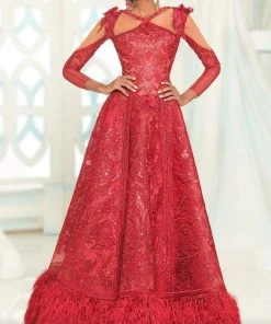 MNM COUTURE - 2523 Embroidered Fringe A-Line Gown