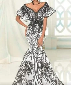 MNM COUTURE - 2529 Embroidered Wide V-neckline Mermaid Dress