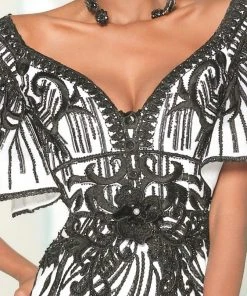 MNM COUTURE - 2529 Embroidered Wide V-neckline Mermaid Dress