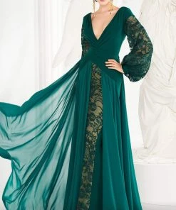 MNM COUTURE - 2551 Embroidered Lace Bishop Sleeve Surplice Gown