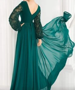 MNM COUTURE - 2551 Embroidered Lace Bishop Sleeve Surplice Gown