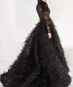 MNM COUTURE - 2557 Appliqued High Neck Ruffled Ballgown