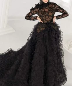 MNM COUTURE - 2557 Appliqued High Neck Ruffled Ballgown