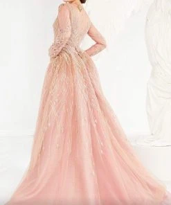 MNM COUTURE - 2559 Long Sleeve Beaded Illusion Overskirt Gown