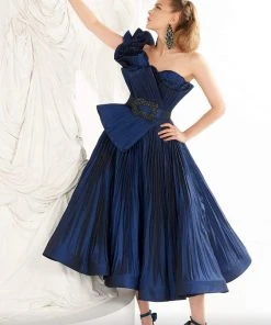 MNM COUTURE - 2565 Asymmetrical Ruched Origami Bodice Dress