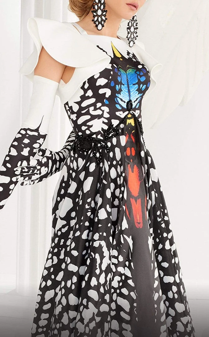 MNM COUTURE - 2592 Flutter Sleeve Printed A-Line Gown 5 MNM COUTURE - 2592 Flutter Sleeve Printed A-Line Gown