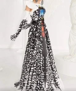 MNM COUTURE - 2592 Flutter Sleeve Printed A-Line Gown