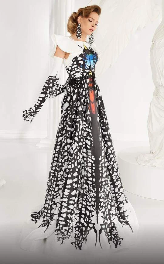 MNM COUTURE - 2592 Flutter Sleeve Printed A-Line Gown 3 MNM COUTURE - 2592 Flutter Sleeve Printed A-Line Gown