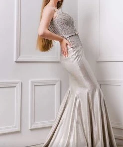 MNM COUTURE - F4211 Bead-Textured Metallic Mermaid Gown 8 MNM COUTURE - F4211 Bead-Textured Metallic Mermaid Gown