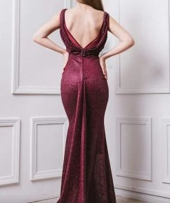 MNM COUTURE - F4827 Cowl Draped Metallic Mermaid Gown