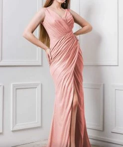MNM COUTURE - F6265 V-neck Wrapped Trumpet Dress With Slit