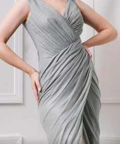MNM COUTURE - F6265 V-neck Wrapped Trumpet Dress With Slit