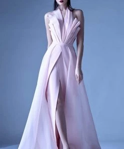 MNM Couture - G0924 Pleated Halter A-Line Evening Dress