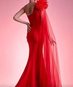 MNM COUTURE - G1211 Asymmetrical Fringed High Slit Mermaid Gown