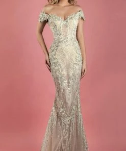 MNM Couture - K3555 Bedazzled Off-Shoulder Trumpet Dress