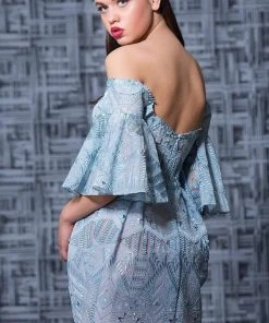 MNM Couture - K3588 Embroidered Off-Shoulder Bell Sleeve Sheath Dress