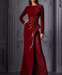 MNM COUTURE - K3850 Sequin Embellished Long Sleeves Gown