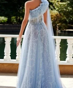 MNM Couture K3924 - Asymmetrical Lace Ruffled Neckline