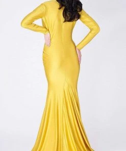 MNM COUTURE - L0002A Long Sleeve V-neck Trumpet Dress