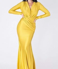 MNM COUTURE - L0002A Long Sleeve V-neck Trumpet Dress