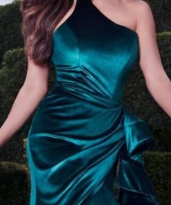 MNM COUTURE - L0038 Asymmetrical Choker-Style Wrap Velvet Gown