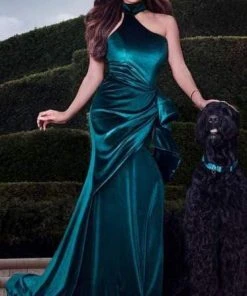 MNM COUTURE - L0038 Asymmetrical Choker-Style Wrap Velvet Gown