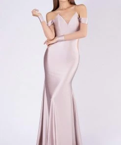 MNM COUTURE - L0044S V Neckline Illusion Long Sleeves Evening Gown