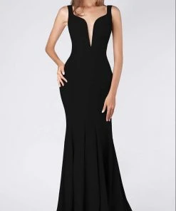MNM COUTURE - M0008 Illusion V Neck Crepe Trumpet Evening Gown