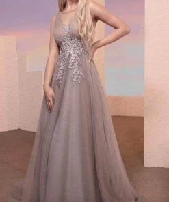 MNM COUTURE M0095 - Floral Applique Tulle Evening Dress