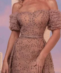 MNM COUTURE M0100 - Off Shoulder Overskirt Evening Dress