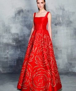 MNM Couture - N0146 Floral Patterned Square Neck A-line Dress