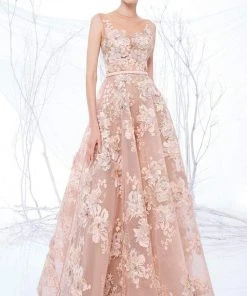 MNM Couture - N0194 Floral Embroidered Illusion Pleated Gown