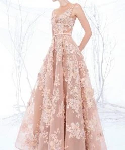 MNM Couture - N0194 Floral Embroidered Illusion Pleated Gown