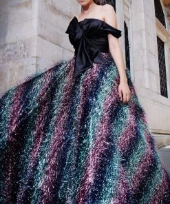 MNM COUTURE - N0301 Bow Detailed Off-Shoulder Feathered Ballgown