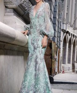 MNM COUTURE - N0309 Embellished Deep V-neck Trumpet Dress