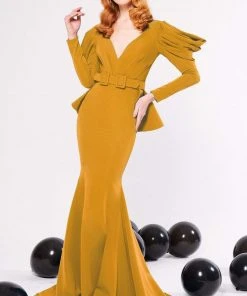 MNM COUTURE - N0315 Cowl Ornate Cutout Long Sleeve Mermaid Gown