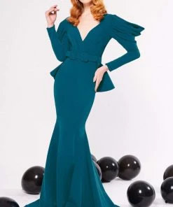 MNM COUTURE - N0315 Cowl Ornate Cutout Long Sleeve Mermaid Gown