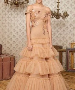 MNM COUTURE - N0338 Embroidered Off-Shoulder Tiered Ruffle Dress