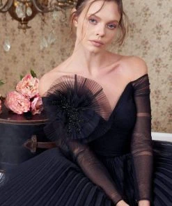 MNM COUTURE - N0342 Floral Accent Long Sleeve Off-Shoulder Ballgown