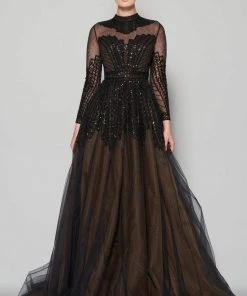 MNM Couture - N0353 Beaded Illusion High Neckline Evening Gown