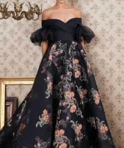 MNM COUTURE - N0354 Off-Shoulder Floral Embroidered Ballgown