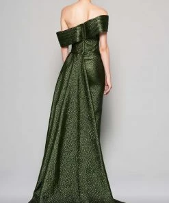 MNM Couture - N0356 Asymmetric Off-Shoulder Drape Train Evening Gown