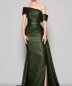 MNM Couture - N0356 Asymmetric Off-Shoulder Drape Train Evening Gown