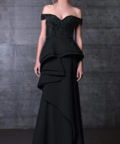 MNM Couture - Peplum Off-Shoulder Evening Gown N0104